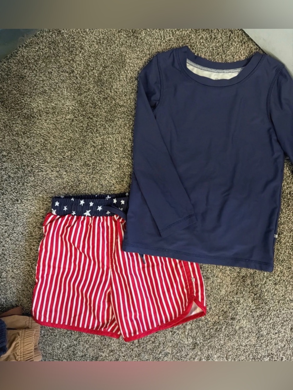 Caden Lane Navy Long-Sleeve Swim Top with Red & White Striped Swim Trunks